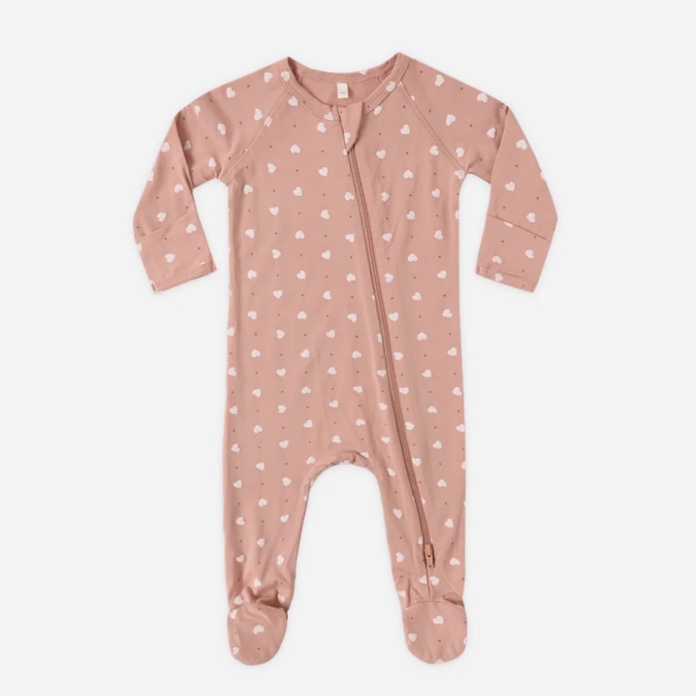 Quincy Mae Blush Pink Footed One-Piece with White Heart Print